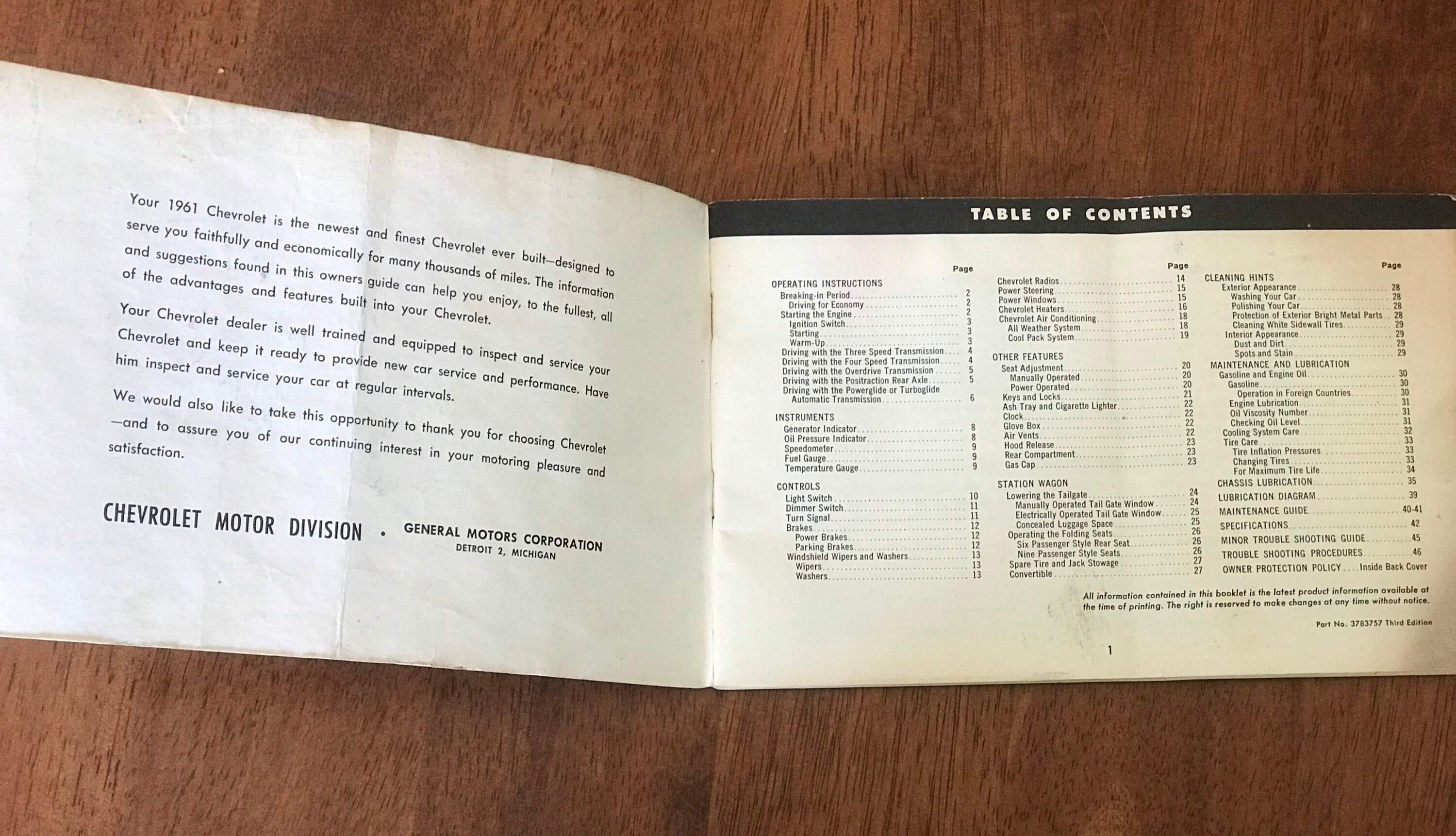 1961 Chevrolet Owners Manual User Guide Reference Operator Book