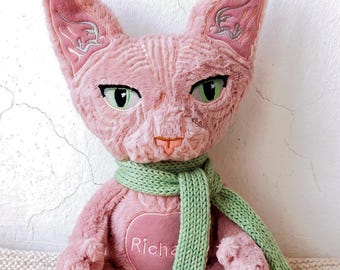 May include: A plush Sphynx cat toy in a dusty pink color with a textured, wrinkled fabric surface. The cat has embroidered green eyes, a light pink nose, and a light green knitted scarf. A heart-shaped patch on the chest features the name Richard.