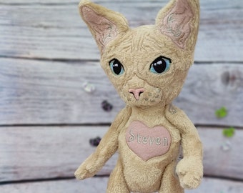 Chat Sphynx sans poils, Poupée d’art chat, Commission en peluche personnalisée, Cadeau de sympathie pour le chat, cadeau de perte d’animal de compagnie