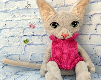 Cat sphynx, Hairless cat, Bambino cat in clothes, Baby cat Plush, Cat doll, Sphynx lover gift, Cat Sympathy Gift