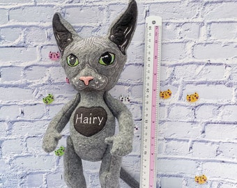 Cat Sphynx, Hairless cat, Black cat Plush, Custom plush commission, Cat lovers gift, Adopt a pet