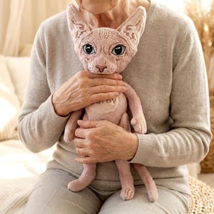 Puede incluir: Una muñeca de gato Sphynx rosa con grandes ojos azules y un parche en forma de corazón en el pecho. La muñeca es sostenida por una persona que lleva un suéter gris. Las orejas de la muñeca son grandes y puntiagudas.