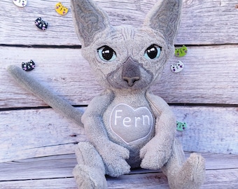 Chat en peluche, poupée sphynx de chat, chat animal en peluche personnalisé, chat sans poils, commission en peluche personnalisée, cadeaux sur le thème du chat