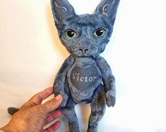 Cat Black Plush, Custom Sphynx Art Doll