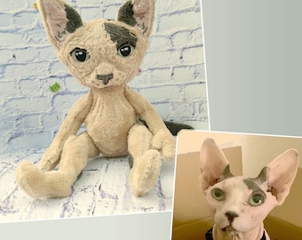 Animal en peluche de chat sans poils, peluche de chat Sphynx, réplique d’animal de compagnie, cadeau de sympathie pour animaux de compagnie, portrait d’animal de compagnie personnalisé, commission de peluche personnalisée