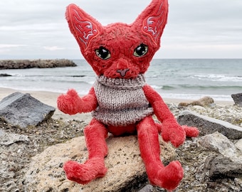 Peluche de chat Sphynx, Chat orange, Chat rouge, Chat sans poils, Peluche de chat Sphynx dans les vêtements, Commission en peluche personnalisée, Adopter un animal de compagnie, Idée cadeau amoureux des chats