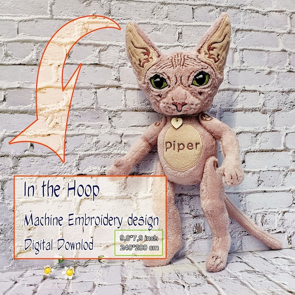 In Hoop Embroidery Cat Doll, Sphynx cat plush, 9.5*7.9