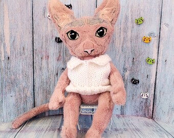 Poupée de chat Sphynx, Chat elfe, Chat marron, Peluche personnalisée pour animaux de compagnie, Cadeau sur le thème du chat, Jouet brodé avec nom, Cadeau de sympathie pour animaux de compagnie