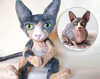 May include: A plush toy cat with dark gray and tan fur, large green eyes, and a white muzzle. A heart-shaped patch on the chest features the embroidered name Kyubi. A circular inset shows a photograph of a real Sphynx cat with similar markings.