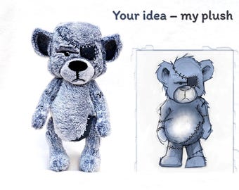 May include: A gray plush bear with a black eye patch, stitched details, and a black nose, standing next to a matching sketch of the bear. The text "Your idea – my plush" is printed in dark gray above the sketch on a plain white background.
