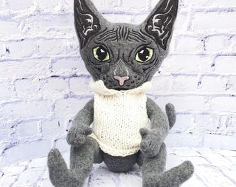 Black Cat Sphynx, Custom Cat Plush, Personalized Toy