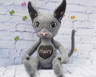 Sphynx Cat Doll, Gray cat, Hairless cat stuffed animal, Custom plush commission, Adopt a pet, Cat lover gift idea, Art doll animal
