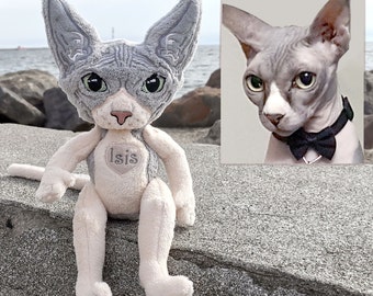 Animal en peluche de chat sans poils, peluche de chat Sphynx, chat personnalisé, commission en peluche personnalisée, jouet de mémoire de chat, beau cadeau pour un amoureux des chats