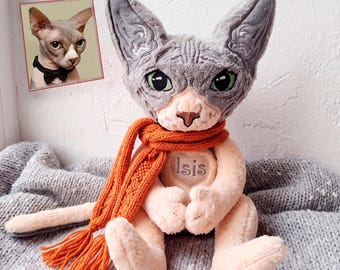 May include: A plush Sphynx cat toy with a textured gray head, large green eyes, and a light peach-colored body. The toy wears a bright orange knitted scarf with tassels and features a heart-shaped patch on its chest with the name Isis embroidered.