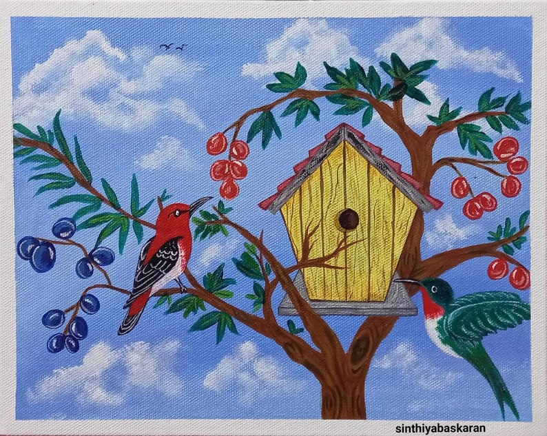 Acrylic painting Birdhouse with skyscape Etsy