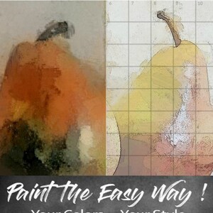 Op de afbeelding: Een digitale schildertutorial die een gerasterd beeld van een peer laat zien met de tekst "Schilderen op de gemakkelijke manier! Jouw kleuren - Jouw stijl Plezier zonder nummers".