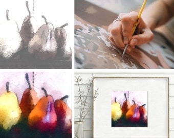 Have Fun Creating Your Own Art with any or all of Eleven Tinted, Paint-Over Sketches of Pears