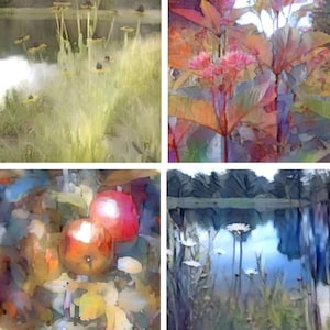 Op de afbeelding: Een collage van vier schilderijen die natuurscènes uitbeelden. De linkerbovenste afbeelding toont een vijver met hoge groene planten en gele bloemen. De rechterbovenste afbeelding toont een cluster van roze bloemen met groene bladeren. De linkeronderste afbeelding toont twee rode appels aan een tak met groene bladeren. De rechteronderste afbeelding toont een vijver met witte bloemen en groene planten.
