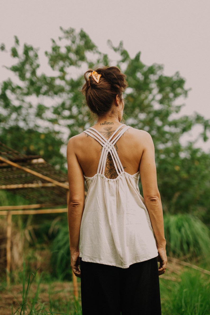 Garden Clothing White Linen Cotton Cross Top for Women Sleeveless Print Top for Summer Elegant Loose Top for Yoga Open Back Hippie Top
