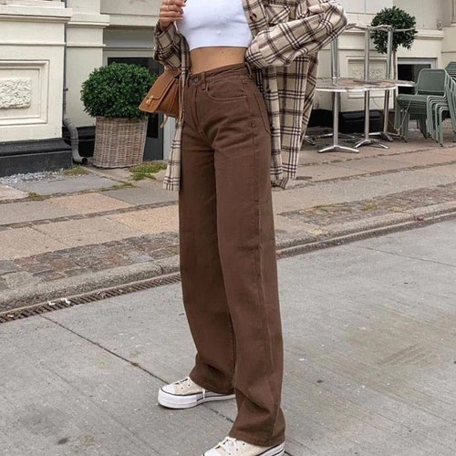 Y2K Brown Jeans - Vintage Wide Leg Jeans / Aesthetic High Waisted Pants