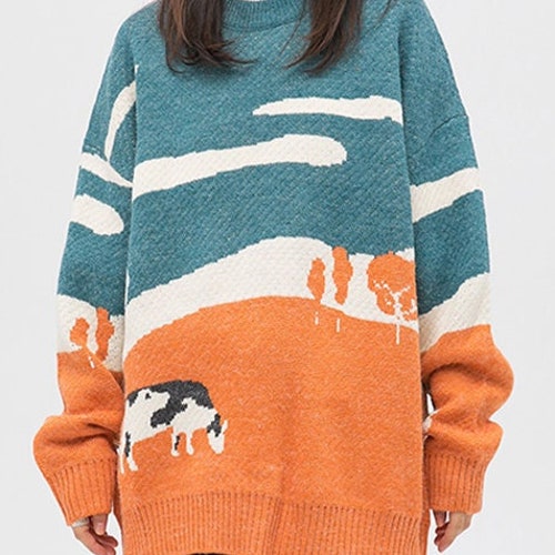 Cow Sweater Harajuku Aesthetic Knit Sweater Knitted Etsy