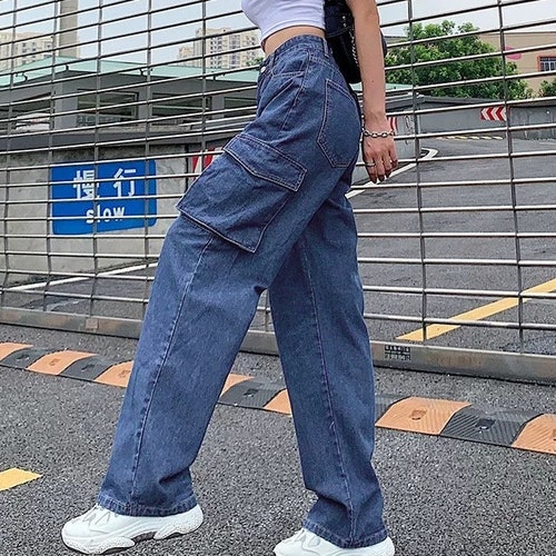 Cargo Pants / Women Wide Leg Denim Cargo Pants / High Waisted Loose Pants