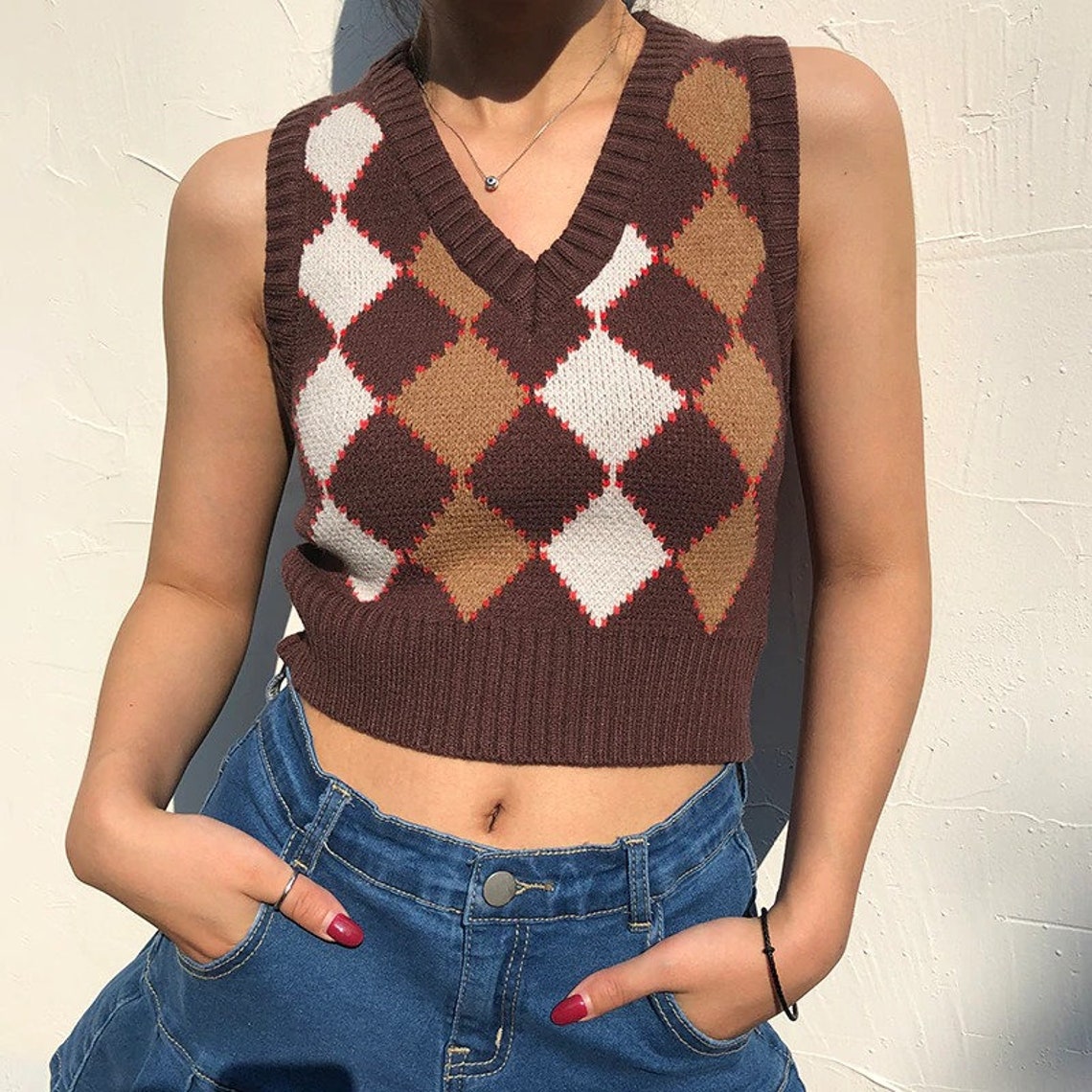 Y2K Sweater Vest / Argyle VNeck Vest / Women Plaid Knitted Top Etsy