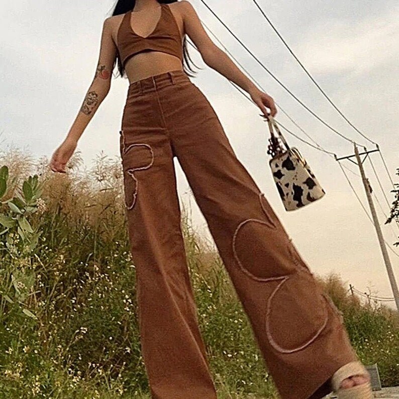 Embroidered Jeans Baggy Brown Y2K Pants 