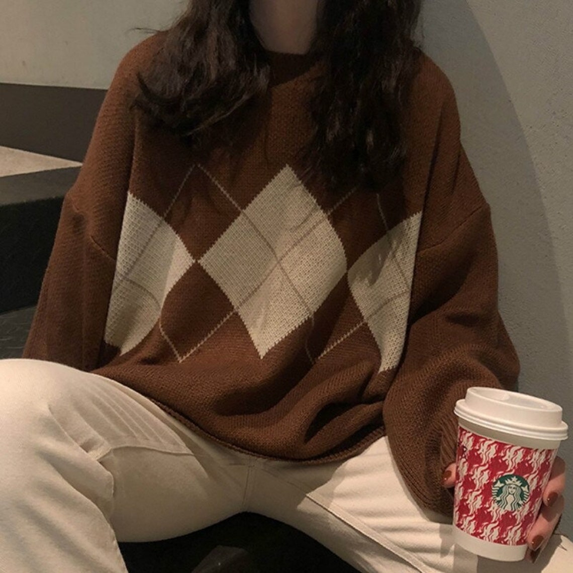 Argyle Sweater Y2K Vintage Knitted Sweater Brown Women Etsy
