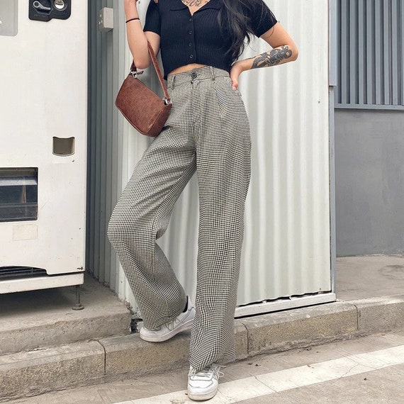 high waisted black and white plaid pants