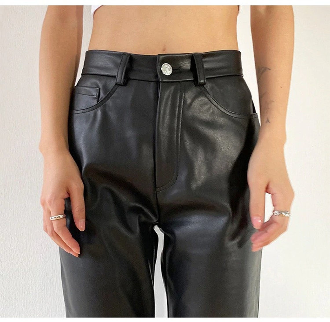 Leather Pants Vintage Black Faux Leather Trousers High Etsy