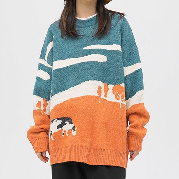 Cow Sweater Harajuku Aesthetic Knit Sweater Knitted - Etsy