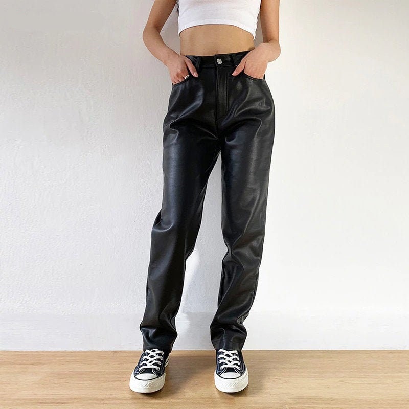 Faux Leather pants,High Waist pants, Flare Leather pants, Elastic ...