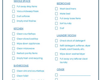 May include: A blue and white weekly chore chart with sections for whole space, kitchen, bathrooms, bedrooms, laundry room, and other tasks. Includes checkboxes for each chore. The text "WEEKLY CHORE CHART" is at the top.