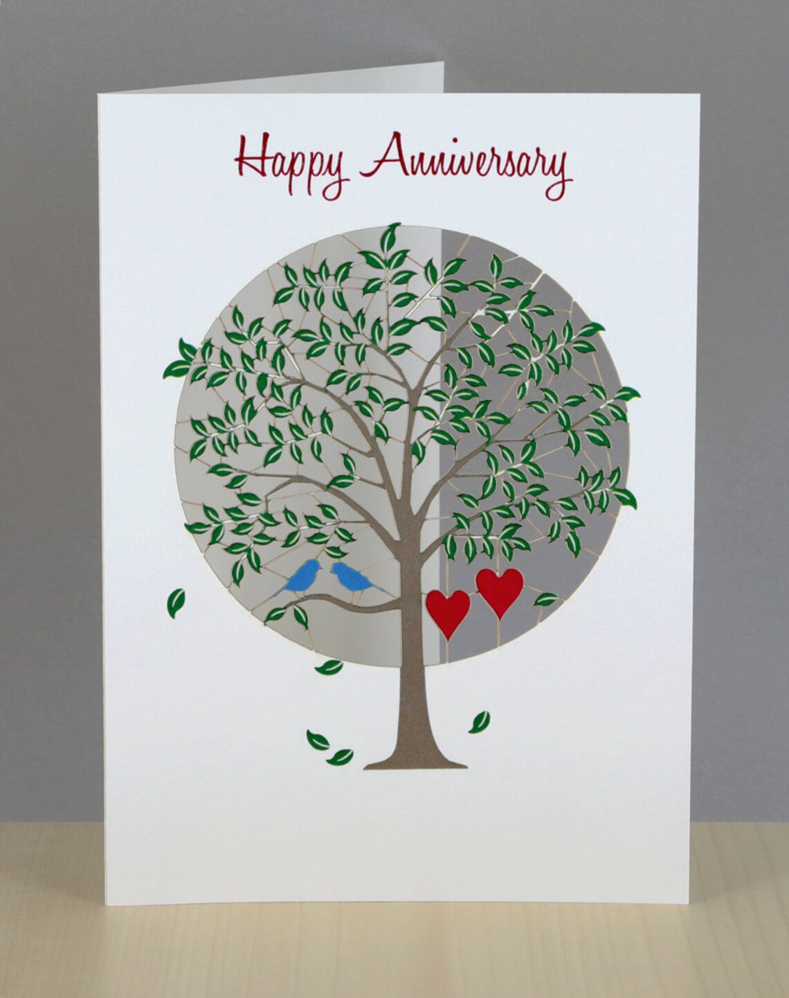 Happy Anniversary Green Tree card Two Hearts card Etsy