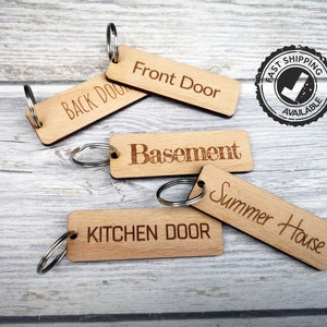 Personalised Keychain, Hotel Keychain, Wooden Keychain Key Ring, Beech birch Key Fob, Engraved Airbnb Hotel Workshop Keyring