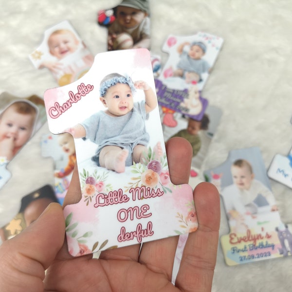 Personalisierte erste Geburtstagsfeier Magnet Bevorzugungen mit Online-Designer, ein Jahr altes Baby ONEderful Magnet mit Foto, kundenspezifischer Kühlschrankmagnet