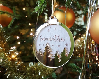 Custom Christmas Ball Tree Decorations With Name - Personalized Hanging Bauble Ornaments wooden gold mirror, Custom baubles laser cut