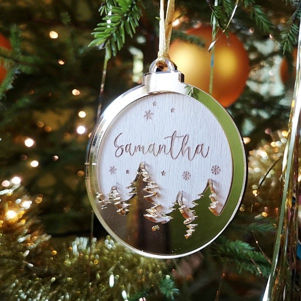 Custom Christmas Ball Tree Decorations With Name - Personalized Hanging Bauble Ornaments wooden gold mirror, Custom baubles laser cut