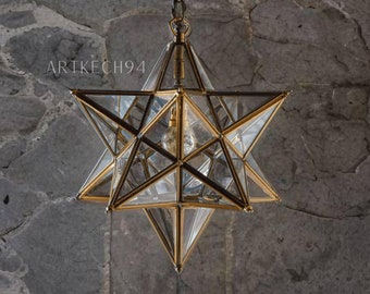 glass light , Moroccan lighting style Elegance Filigrain suspension light , clear glass and brass handmade moroccan pendant star light