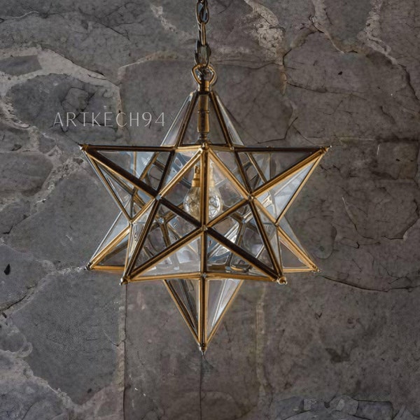 glass light , Moroccan lighting style Elegance Filigrain suspension light , clear glass and brass handmade moroccan pendant star light