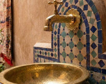 Wall Mounted Brass Faucet | Moroccan Hand Engraved Sink Tap | Vintage Bathroom Faucet