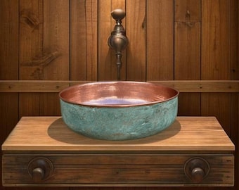 Lavabo marocchino in rame verde patina martellato, lavandino in rame vintage artigianale in stile bagno