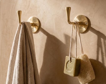 Handmade Solid Brass Wall Hook, Minimalist Modern Towel Hook, Polished Brass Robe Hook for Bathroom & Entryway, Mid-Century Modern Hardware