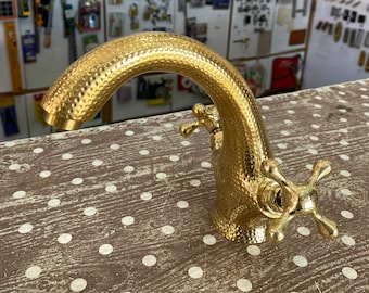 Unlacquered hammered Brass Bathroom Sink Vanity Faucet with Double Simple Cross Handles