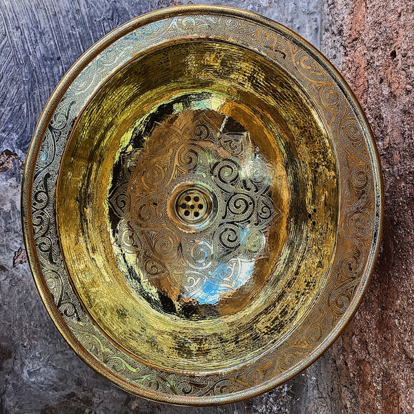 engraved brass Moroccan sink hammered , Marrakech decor style vintage brass Sink, arabic bathroom , brass sink
