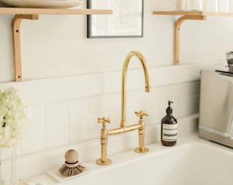unlacquered brass faucet , handmade solid brass faucet , vintage faucet style 8in , brass bridge faucet