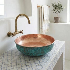 Moroccan Copper Sink with Blue Patina,Vessel Sink, Rustic Bathroom Vanity, Verdigris Washbasin, Farmhouse Decor