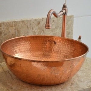 copper Moroccan vessel sink hammered , vintage copper sink , red color marrakech bathroom style , hammered copper vessel sink