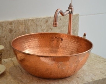 copper Moroccan vessel sink hammered , vintage copper sink , red color marrakech bathroom style , hammered copper vessel sink